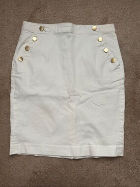 Ann Taylor Classic White Denim Pencil Skirt with Gold Button Detail